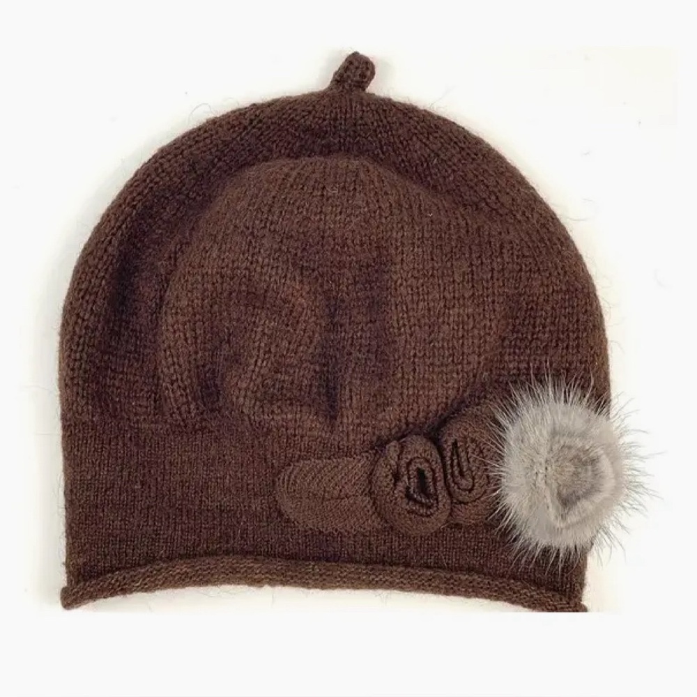Brown Knit Beanie with Faux Fur Mohair Wool Beanie, Mohair Soft Beret,